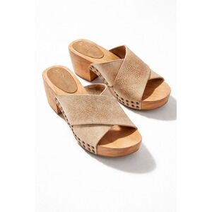 Free People Leather Crisscross Wooden Clogs Studded Platform Slide Sandal Tan 39